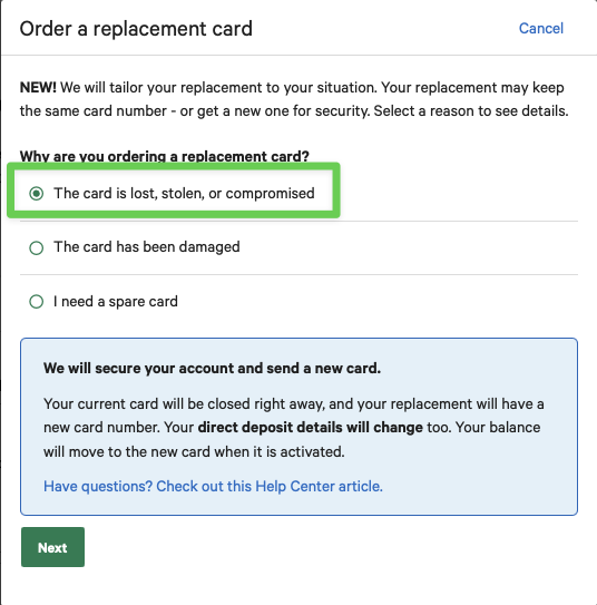 Replacement reason window with The card is lost, stolen, or compromised selected