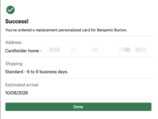 Confirmation screen showing the shipping address, shipping speed, and estimated delivery date
