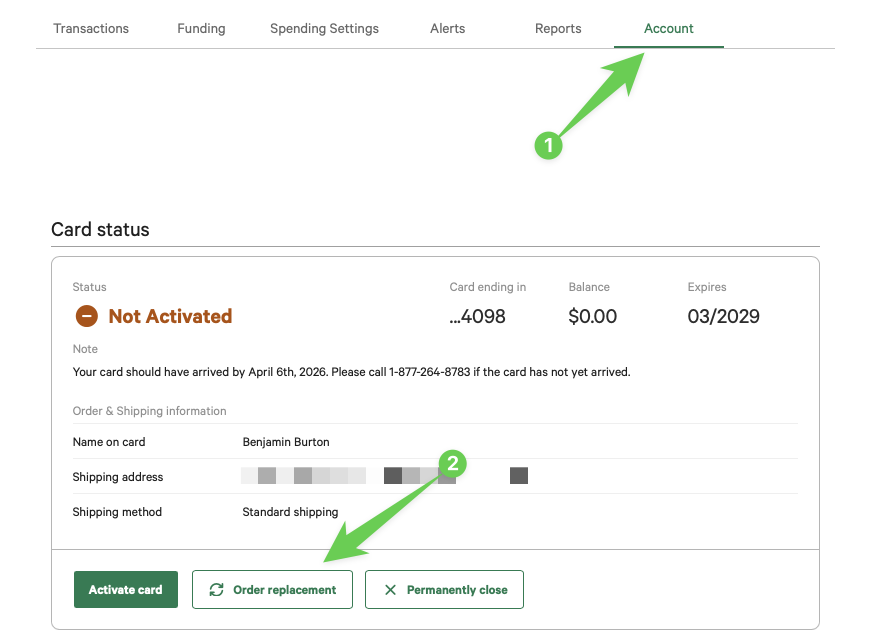 The cardholder's Account tab, showing the Order replacement button