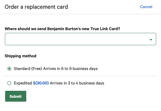 Shipping address and shipping method options for the replacement Card