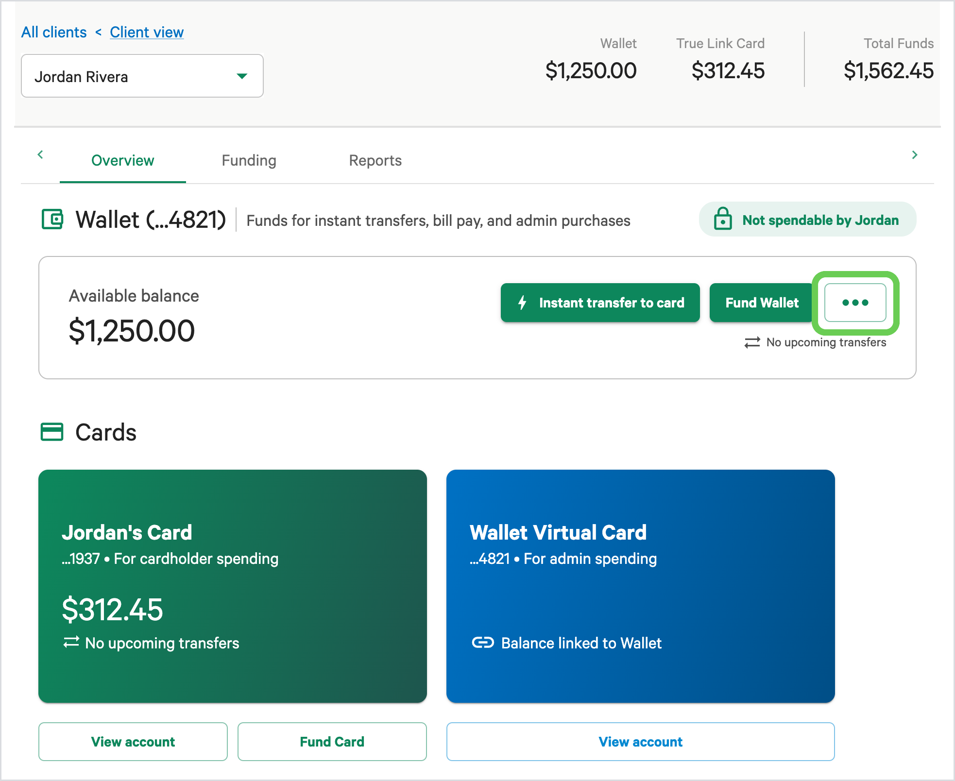 The Client View page, with the ••• button next to Fund Wallet highlighted