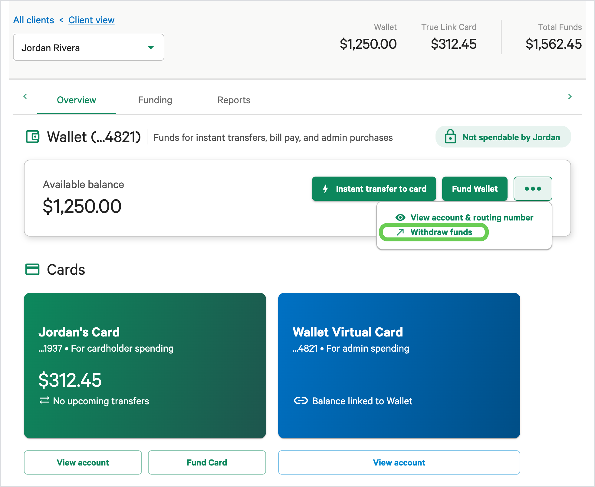 The ••• menu open on the Client View page, with Withdraw funds highlighted