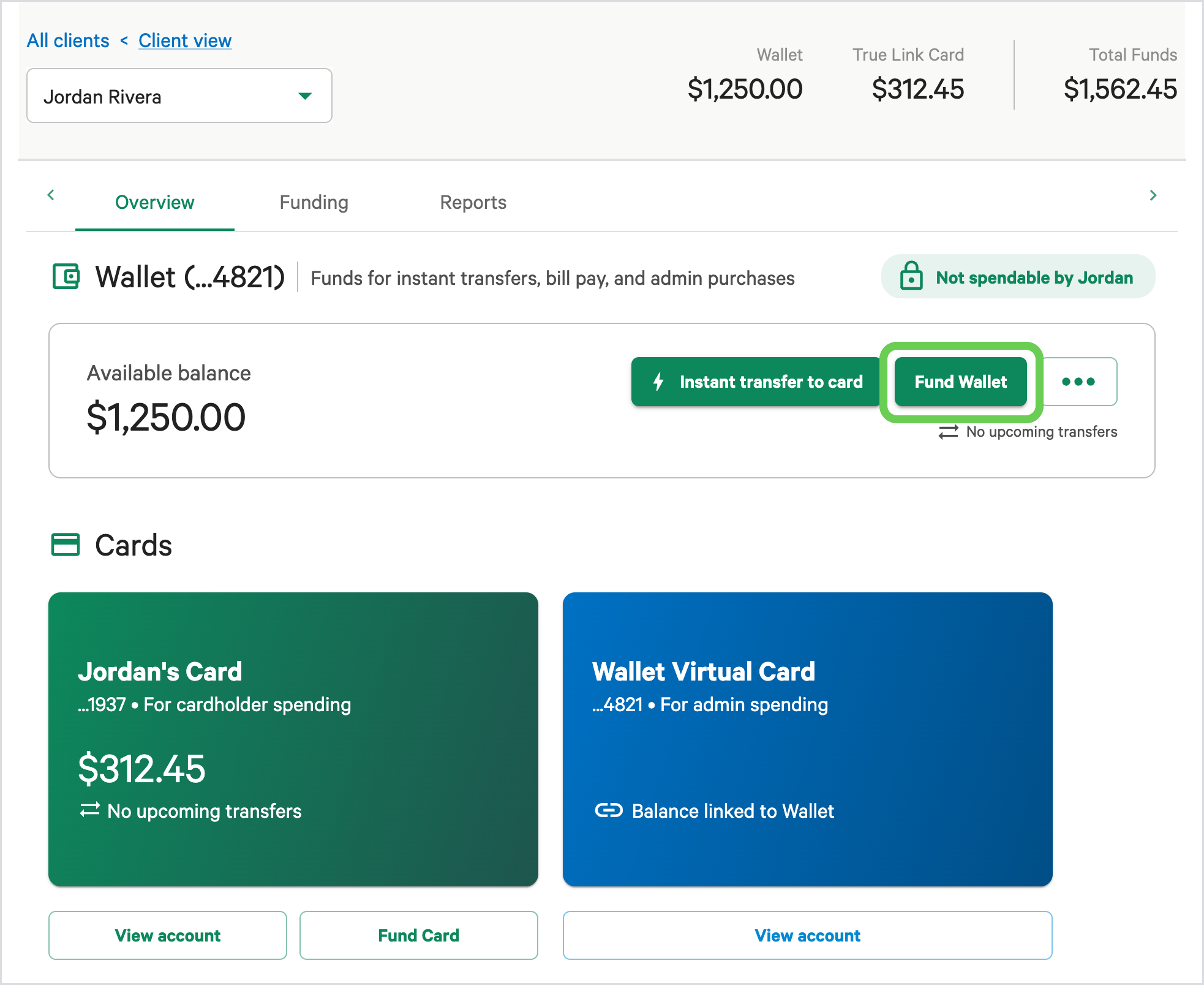The Client View page, with the Fund Wallet button in the Wallet section highlighted