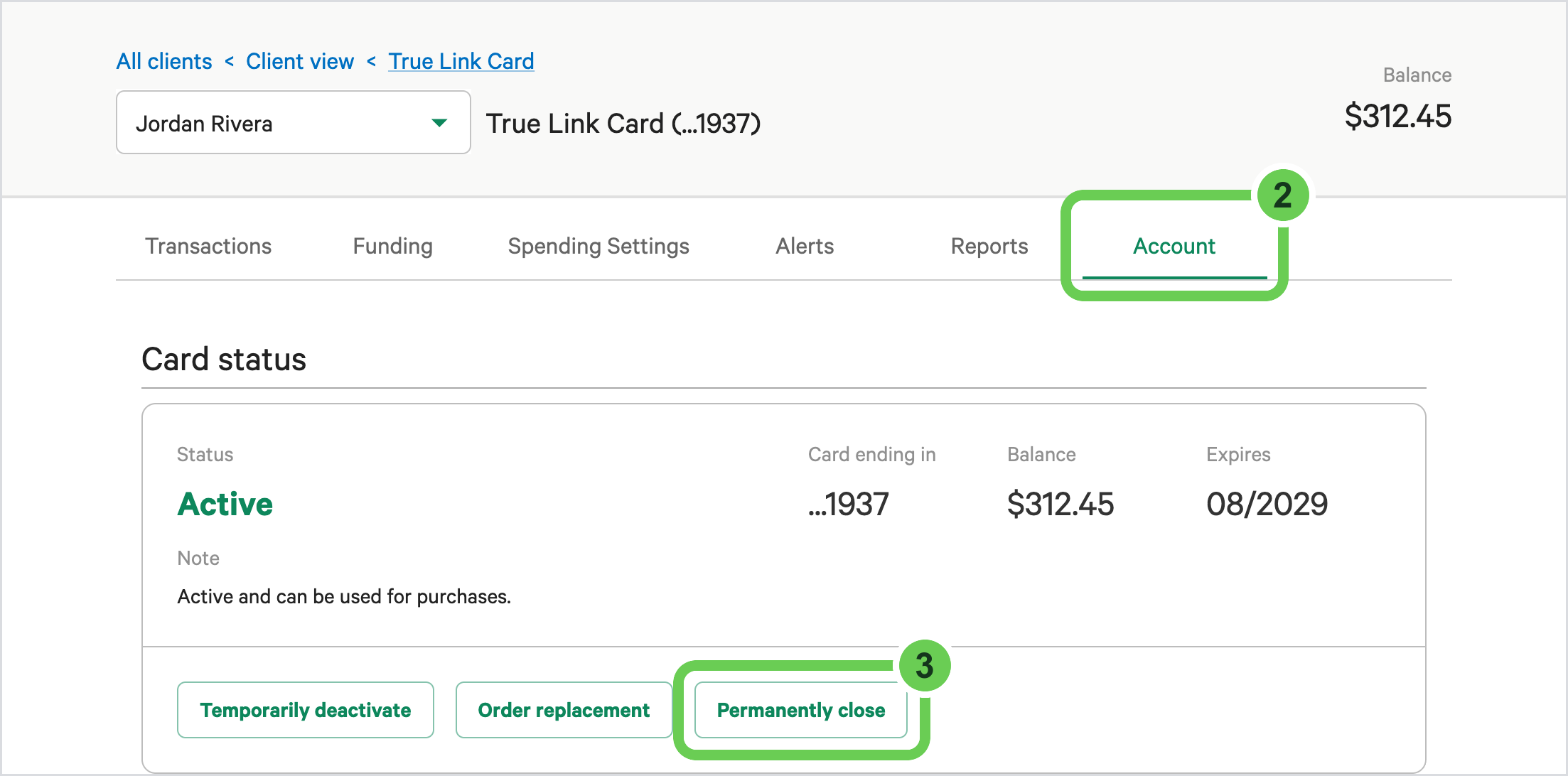 The Account tab of the Card Dashboard. Badge 2 marks the Account tab, and badge 3 marks the Permanently close button in the Card status section.