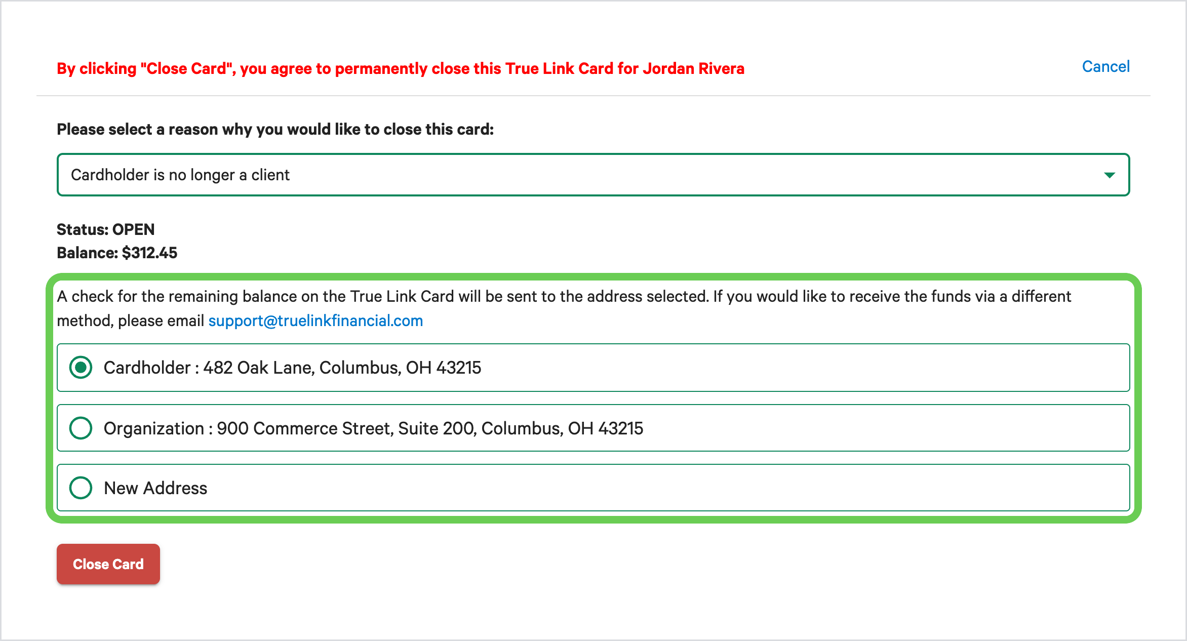 The Close Card window for a Card with no connected bank account, with the mailing address choices highlighted.