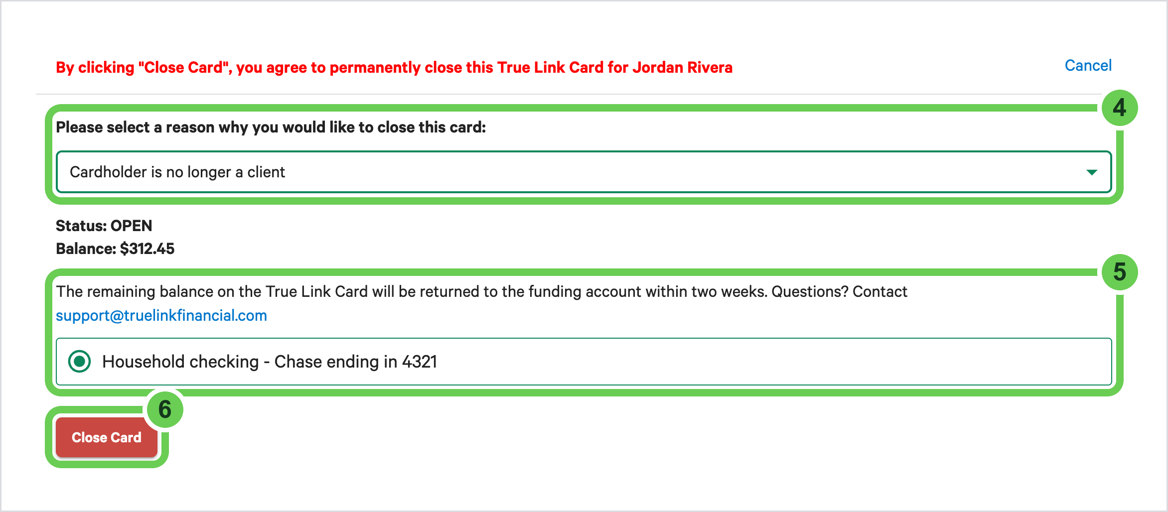 The Close Card window. Badge 4 marks the reason list, badge 5 marks the bank account the balance will go to, and badge 6 marks the Close Card button.
