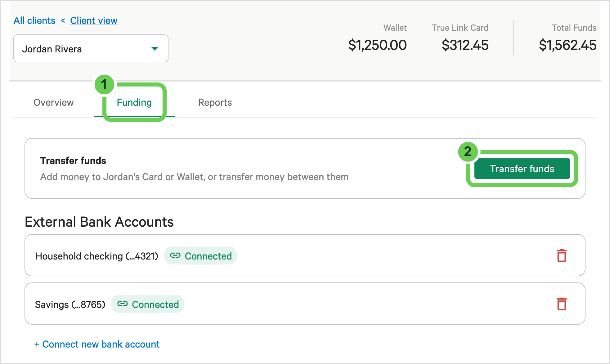 The Funding tab of the Client View page, with the Funding tab and the Transfer funds button numbered 1 and 2