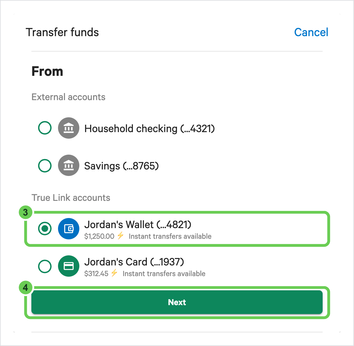 The From list in the Transfer funds window, with the Wallet under True Link accounts and the Next button numbered 3 and 4