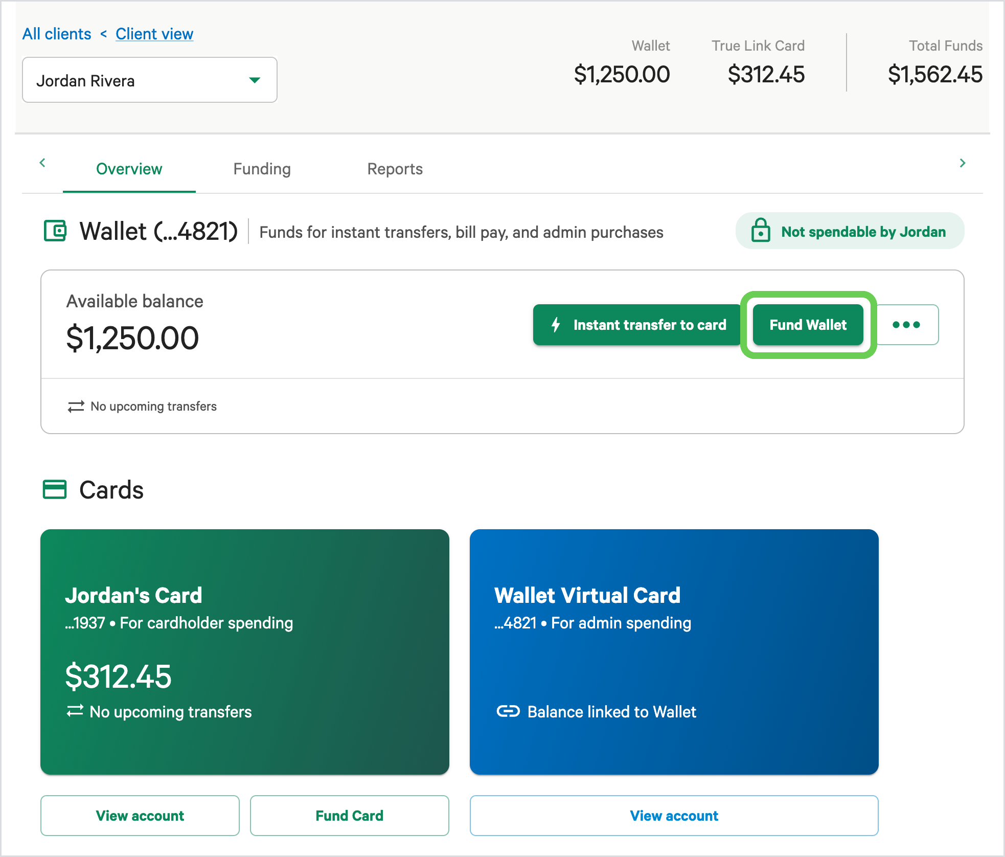 The Client View page, with the Fund Wallet button in the Wallet section highlighted