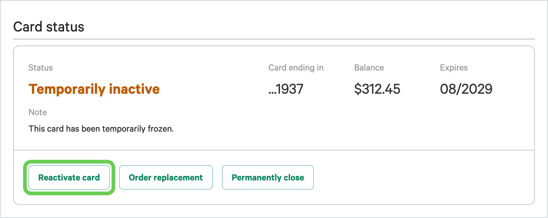 The Card status section of the Account tab for a temporarily inactive card, with the Reactivate card button highlighted
