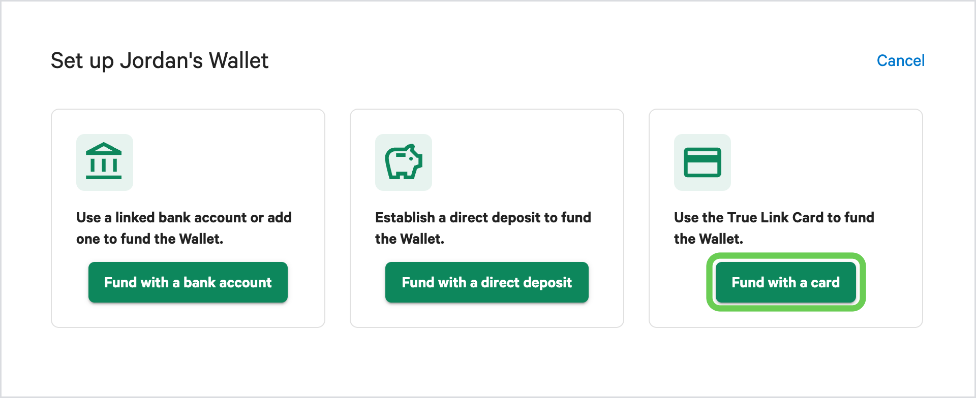 The Set up Jordan's Wallet window with three ways to fund the Wallet, with the Fund with a card button highlighted