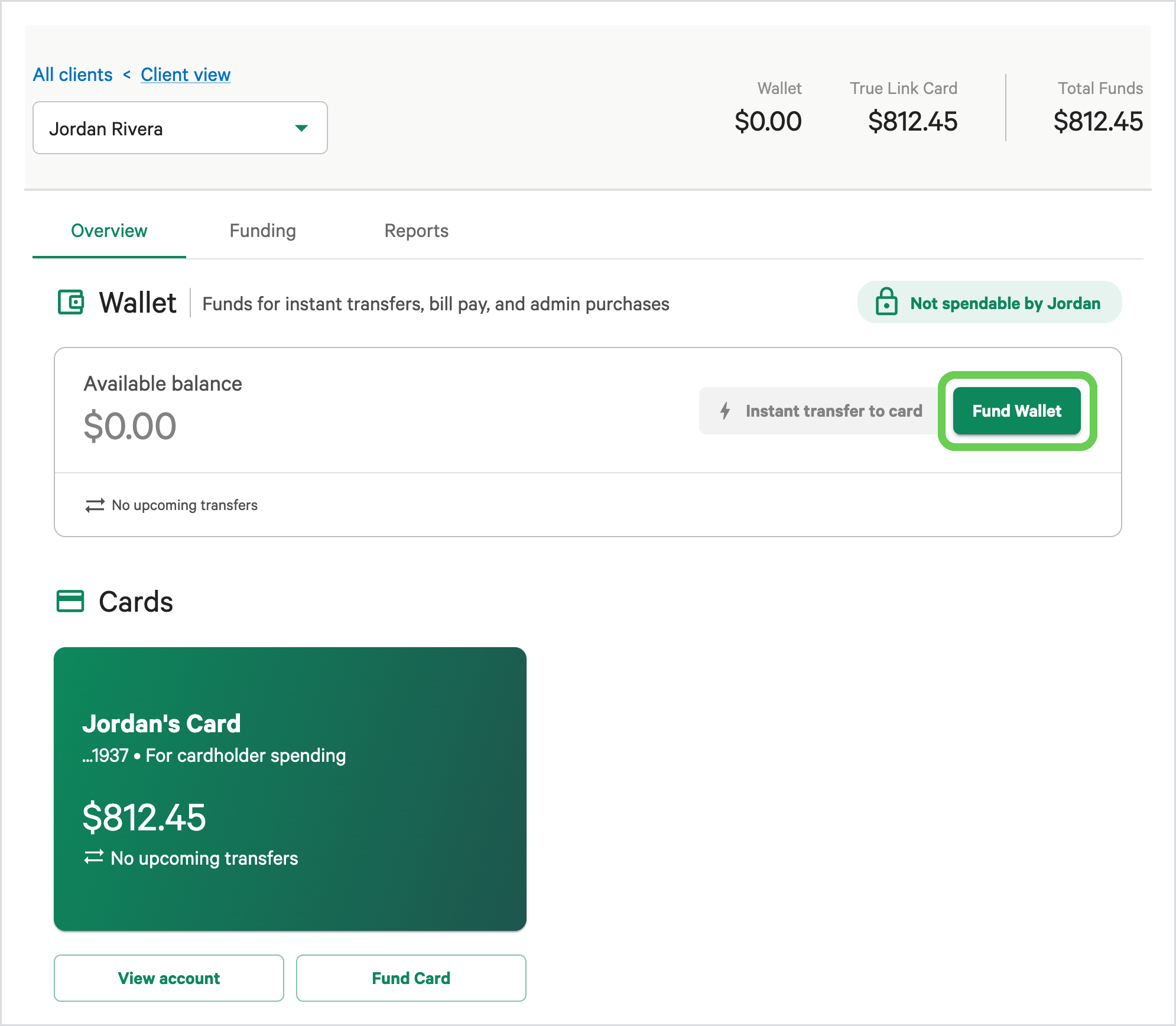 The Client View page before a Wallet is open, with a $0.00 Wallet balance and the Fund Wallet button highlighted