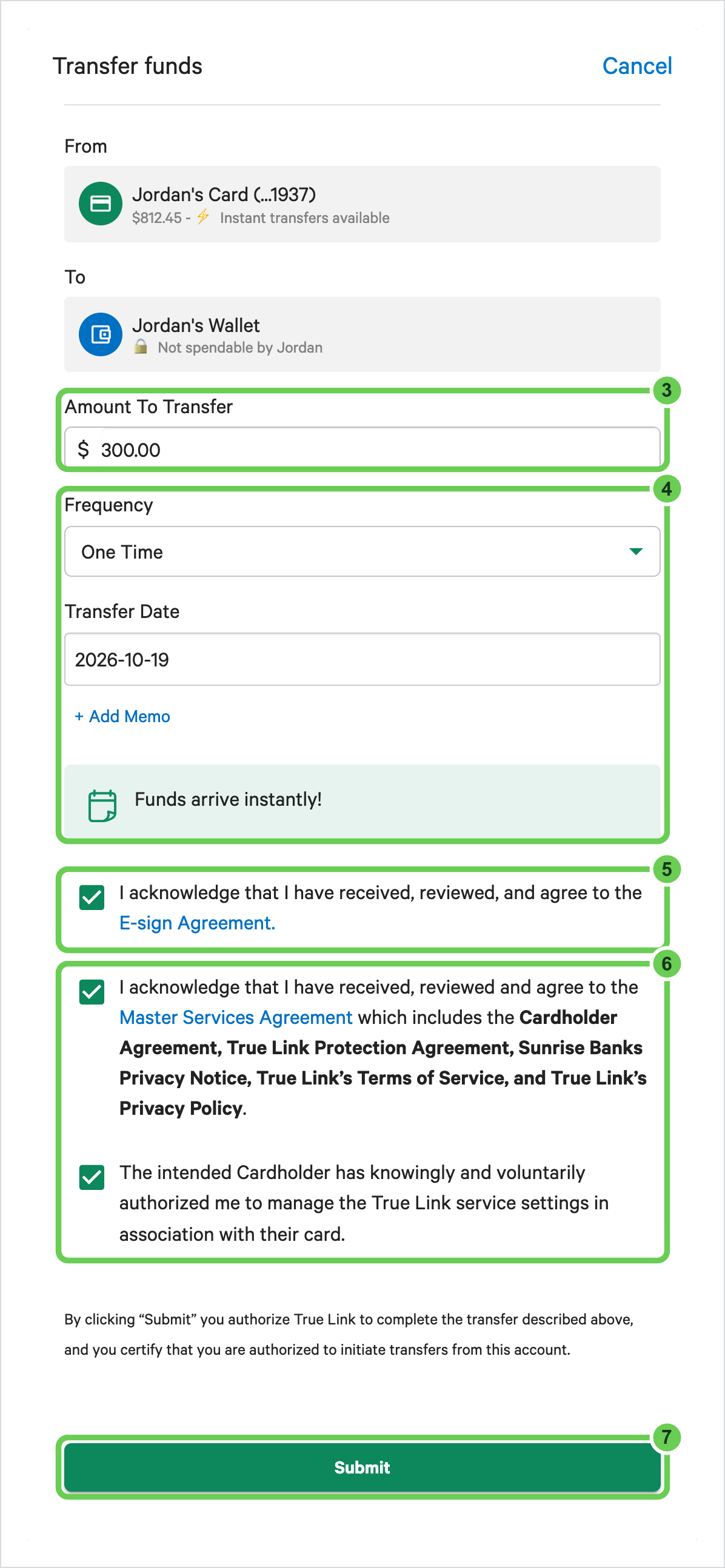 The Transfer funds window with the cardholder's card in From and the Wallet in To, with Amount To Transfer, Frequency and Transfer Date with the Funds arrive instantly message, the agreement boxes, and Submit numbered 3 to 7